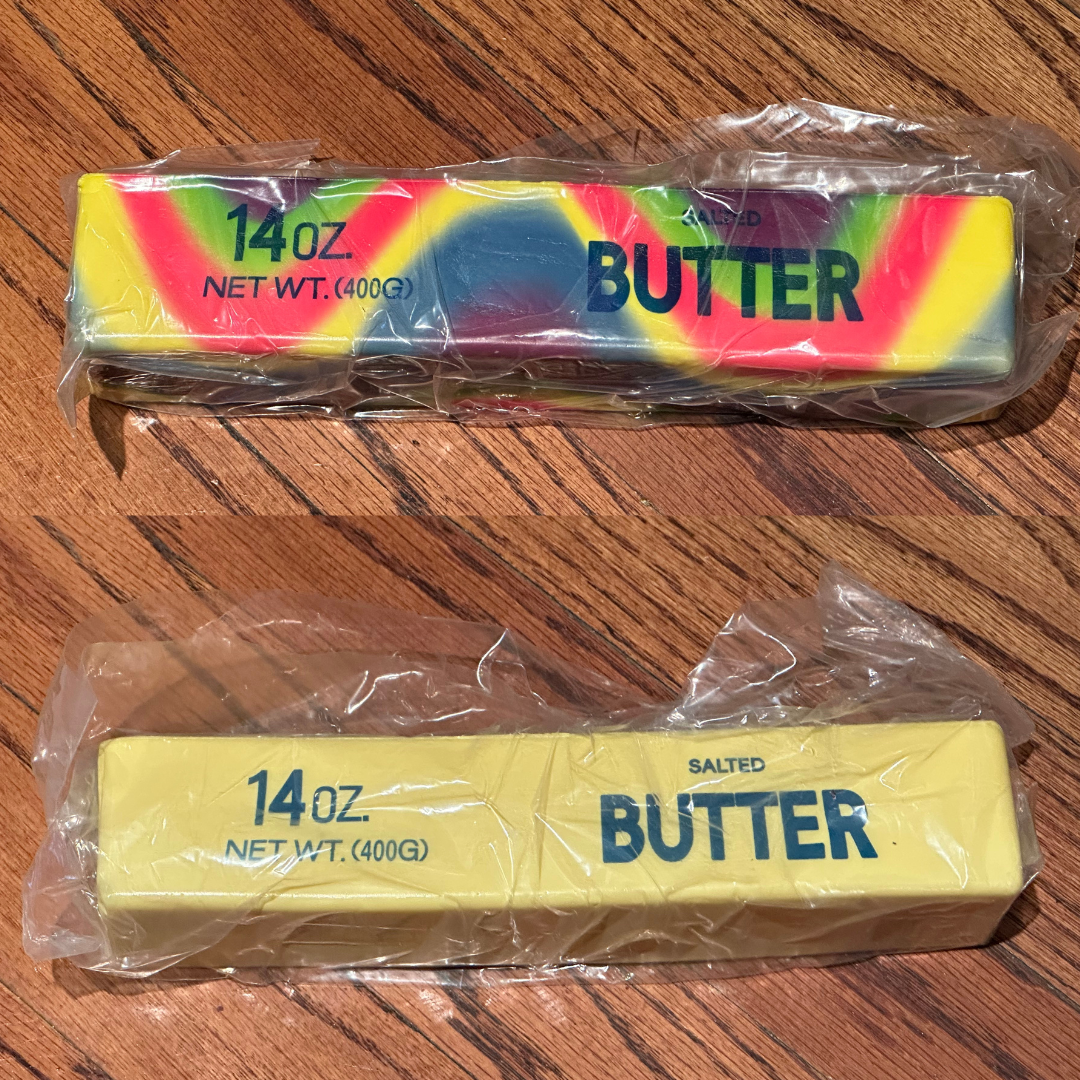 giant 14oz slow-rising salted butter-stick squishies with realistic labeling, and an oversized shape in rainbow and yellow