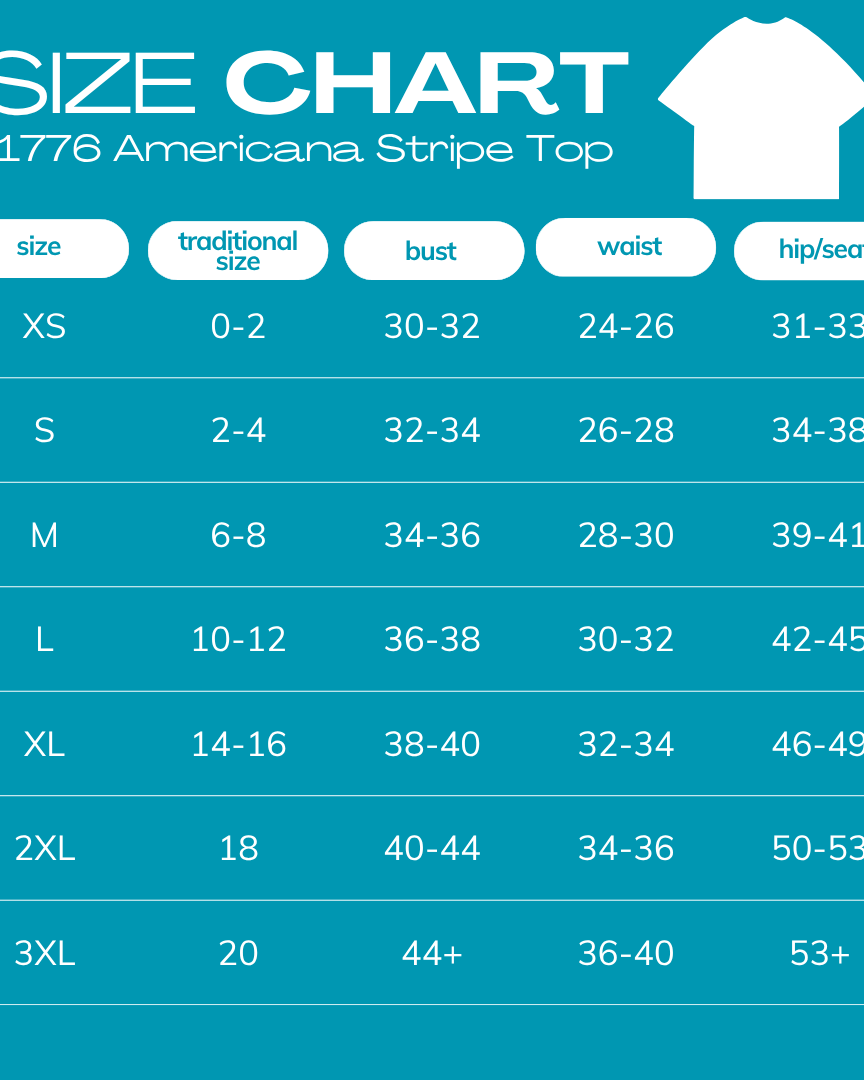 size chart for 1776 Americana Striped Top