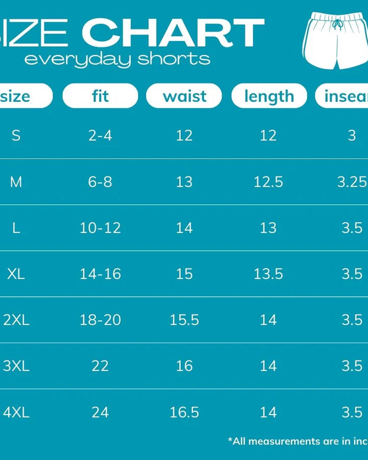 2024 size chart for everyday shorts