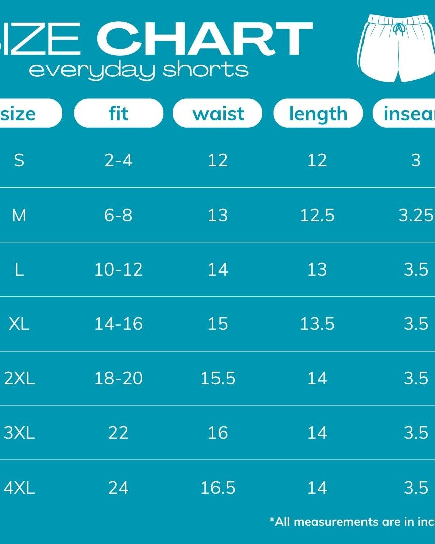 size chart for drawstring everyday shorts