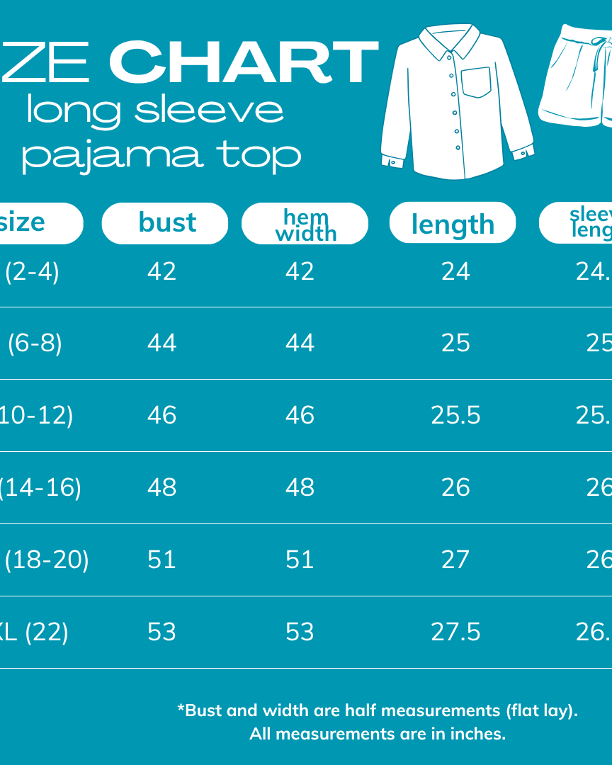 2025 size chart for LONG SLEEVE PAJAMA TOP (set)