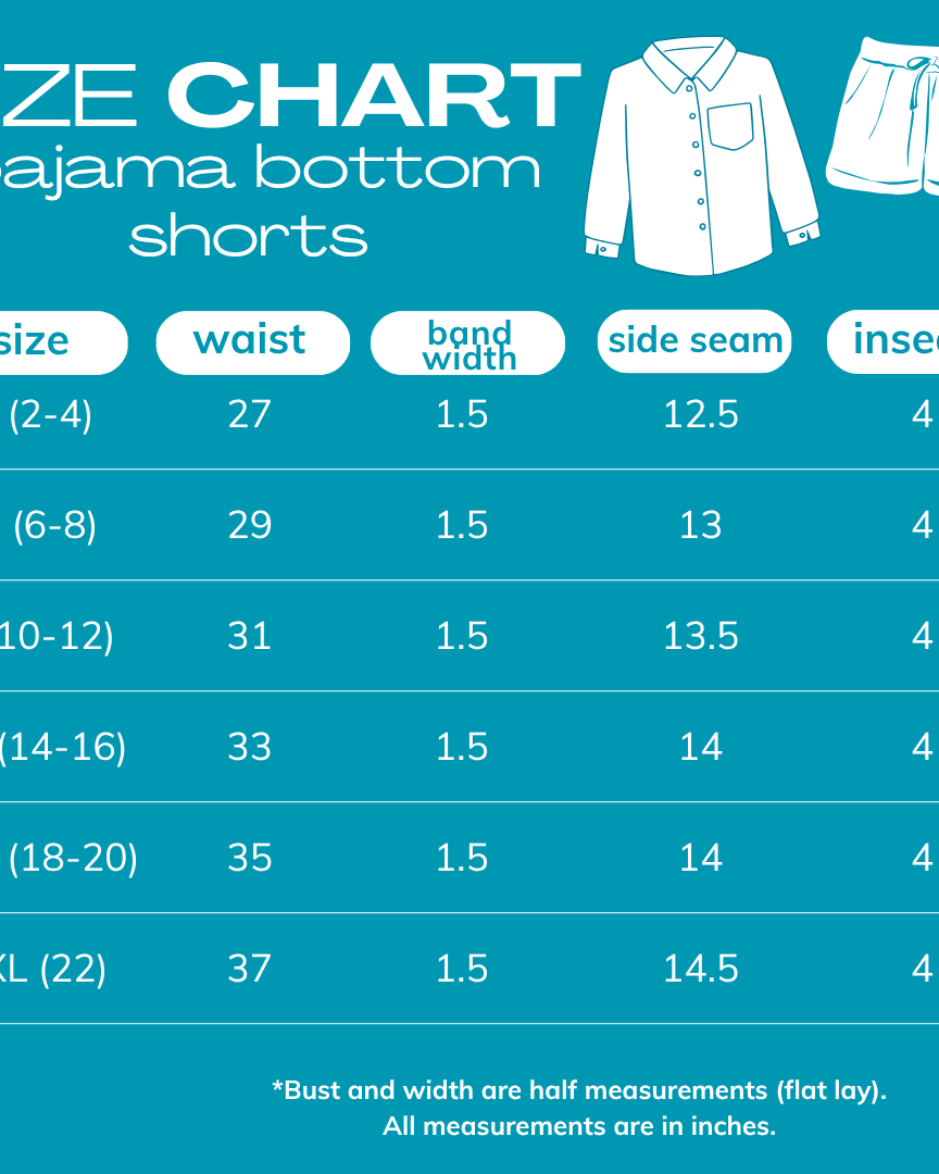 2025 size chart for PAJAMA BOTTOM SHORTS (set)