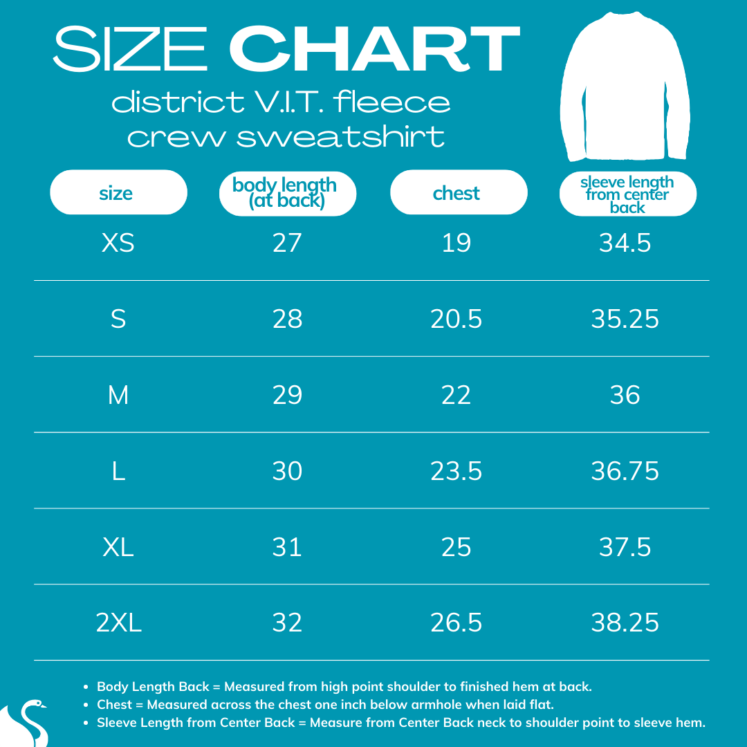 2025 District VIT Fleece Crew Sweatshirt SIZE CHART