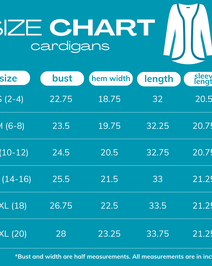 2025 size chart for fall and seasonal cardigans