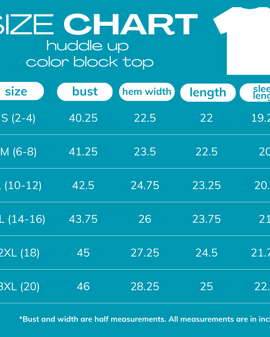 2025 size chart for HUDDLE UP COLOR BLOCK TOP