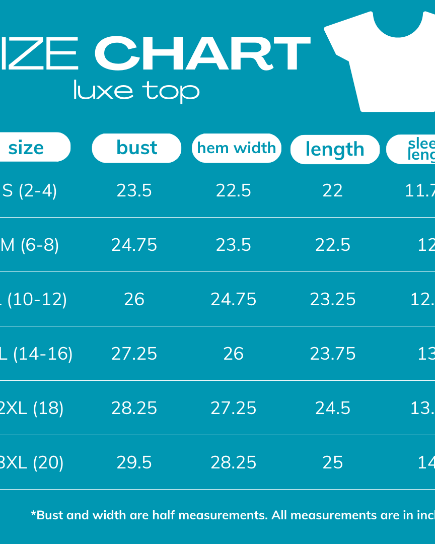 2025 size chart for LUXE TOP