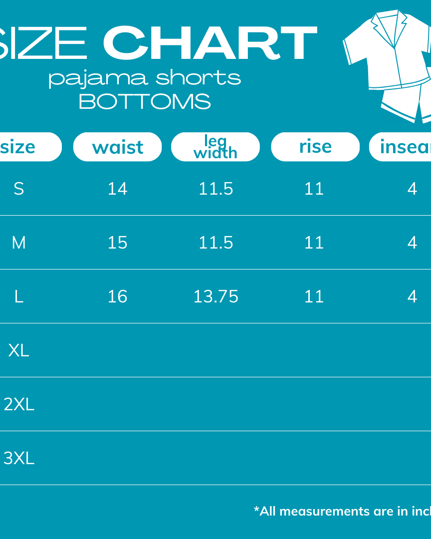 2025 size chart for pajama shorts