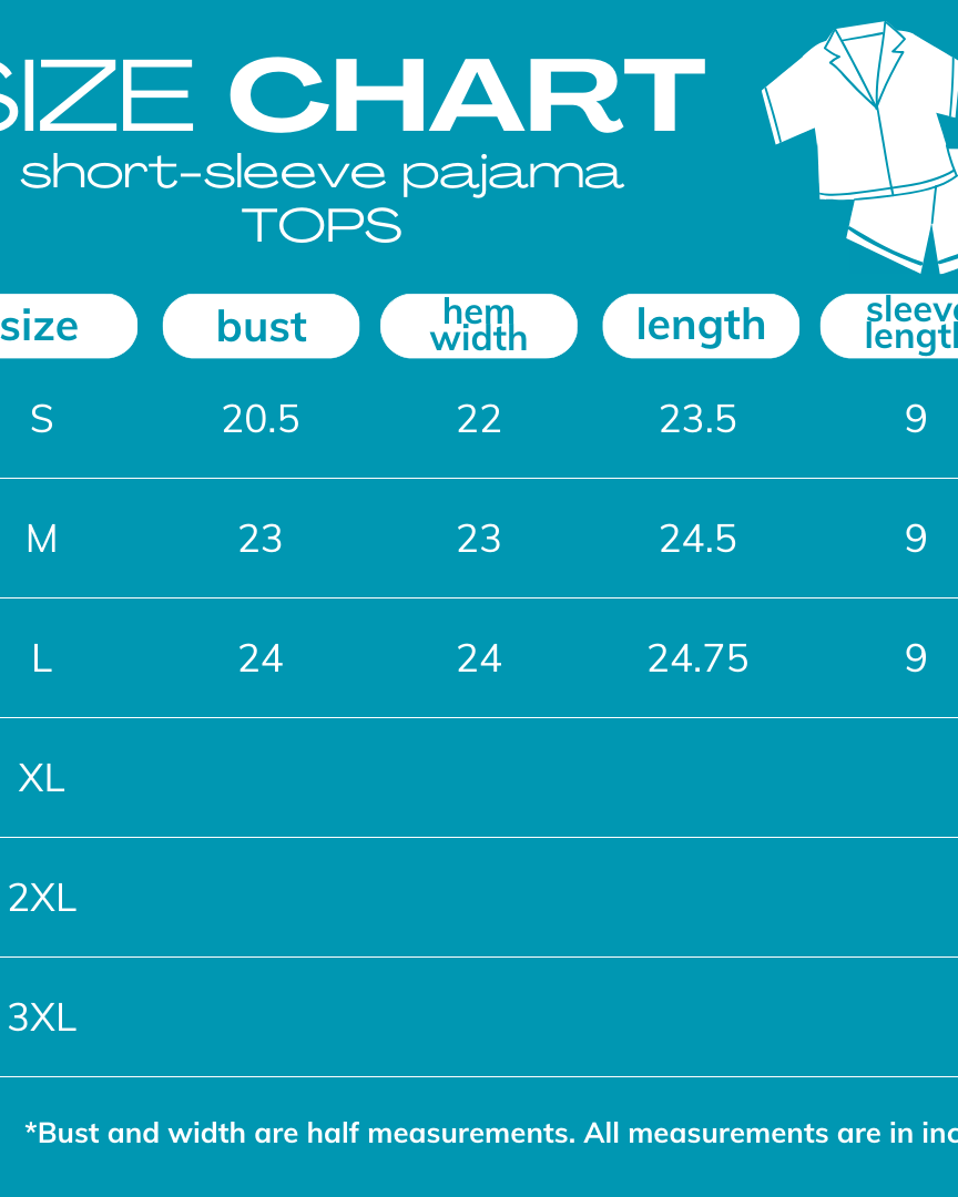 2025 size chart for short-sleeve pajama tops