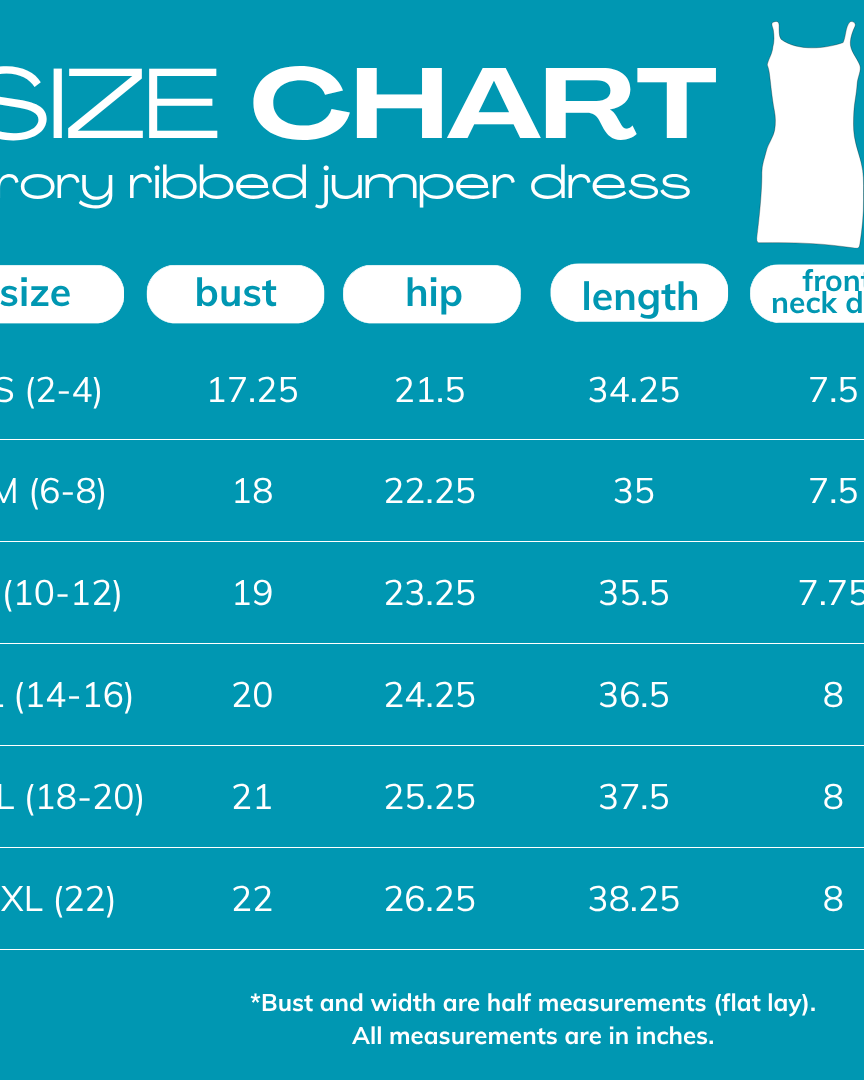 2025 size chart for RORY RIBBED JUMPER DRESS