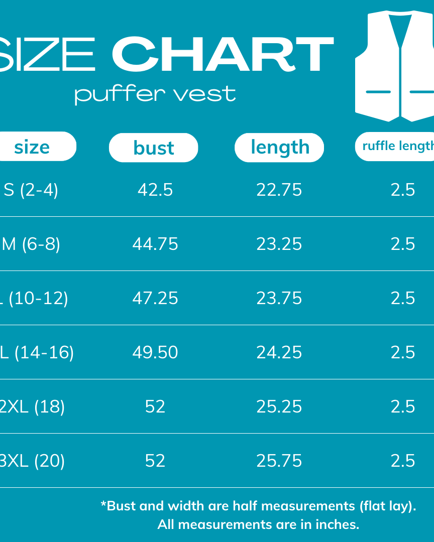 Size chart for puffer vests with measurements on a blue background