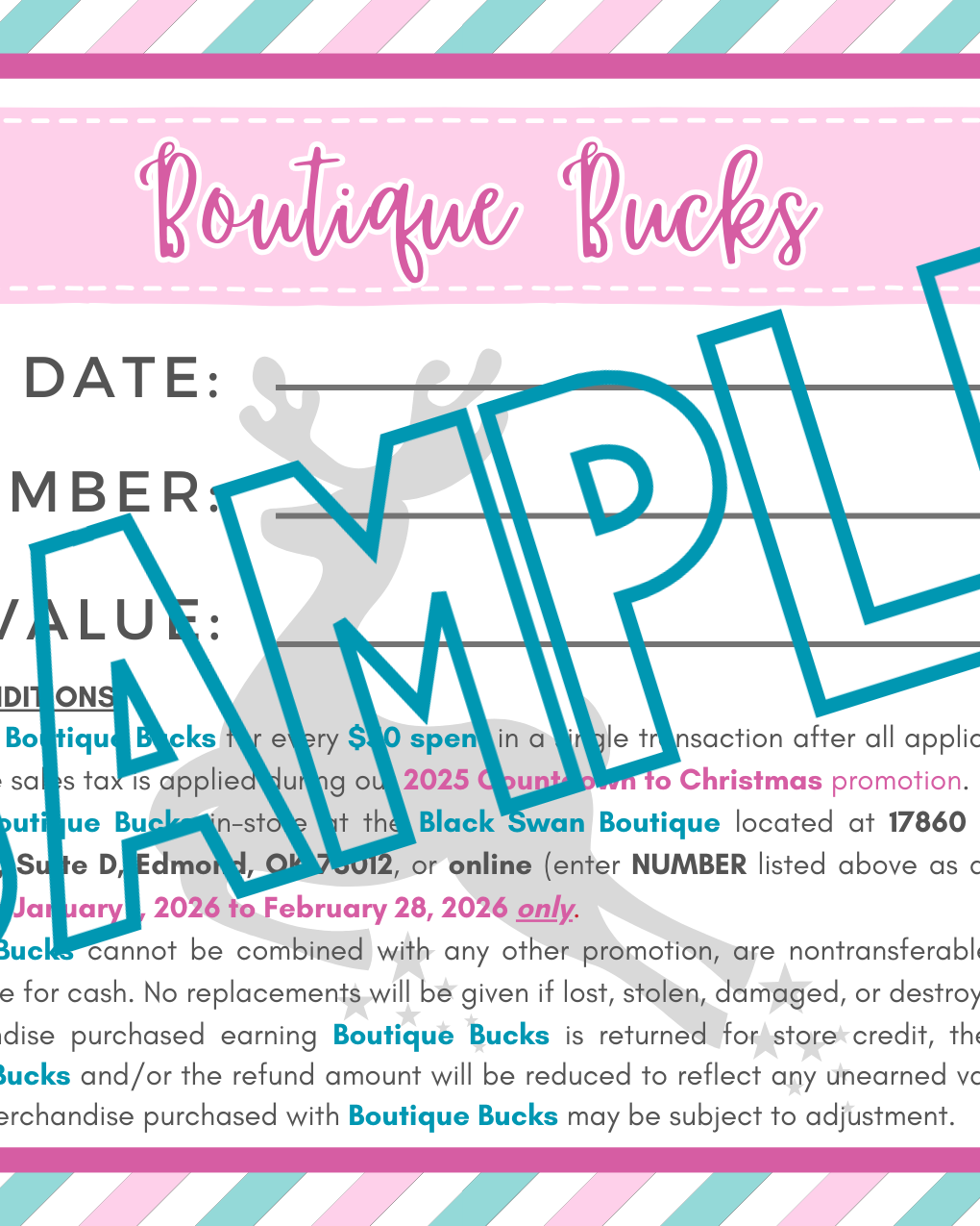 Boutique Bucks redemption card with 'SAMPLE' text overlay