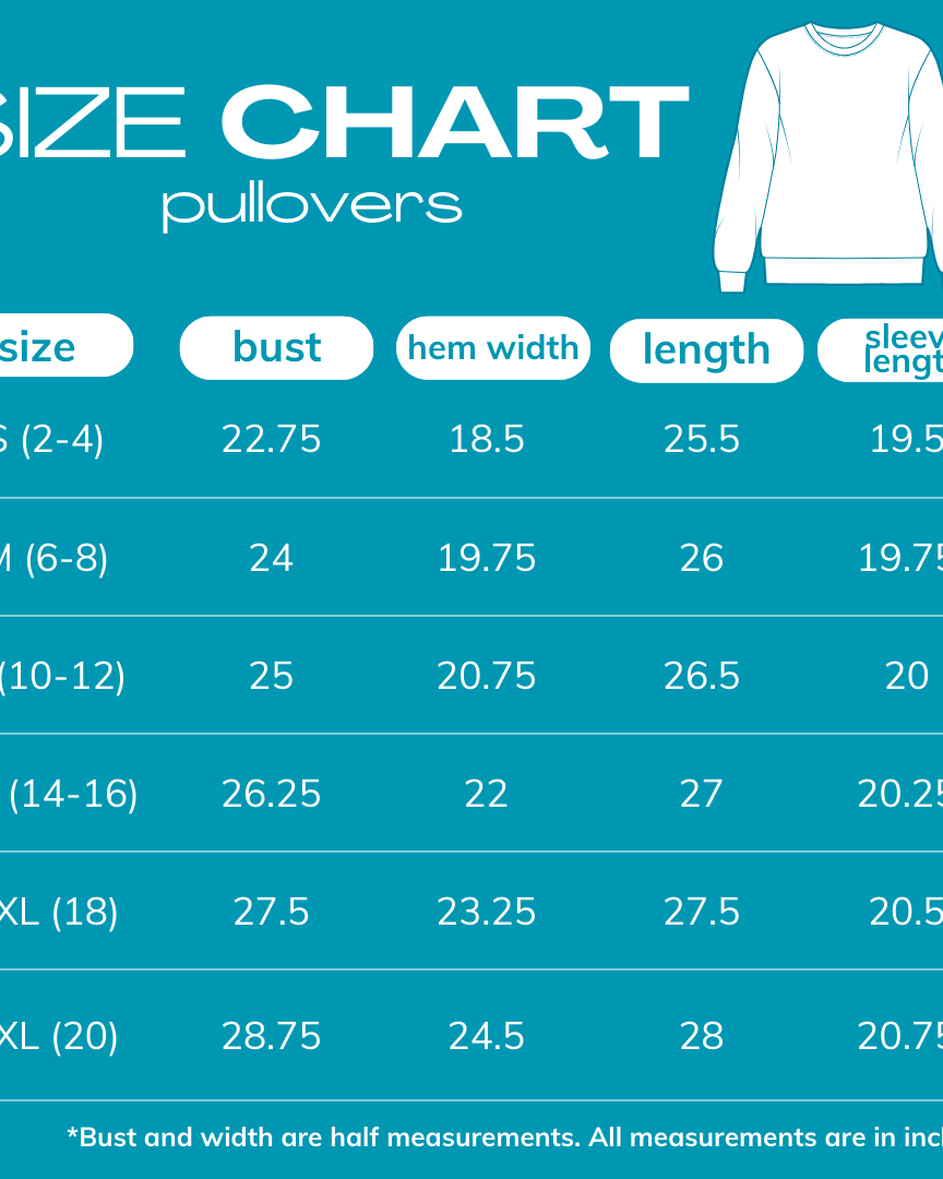 2025 size chart for PULLOVERS