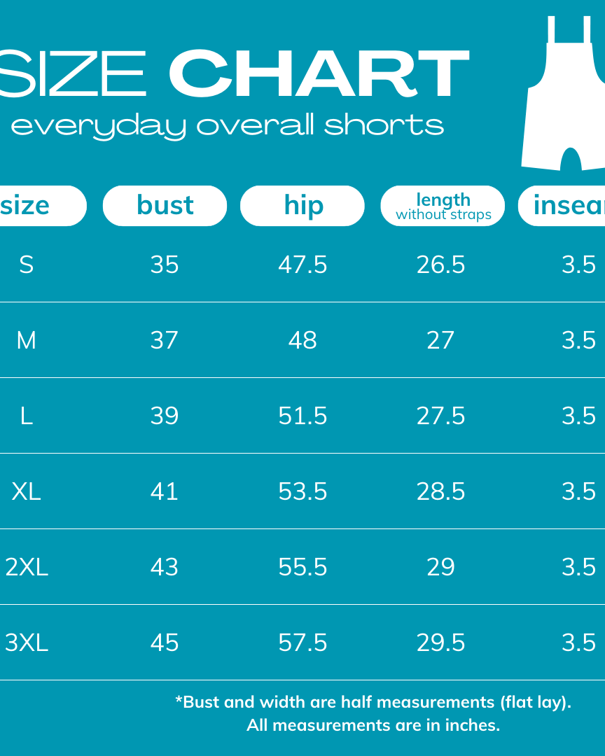 2025 size chart for everyday overall shorts in inches