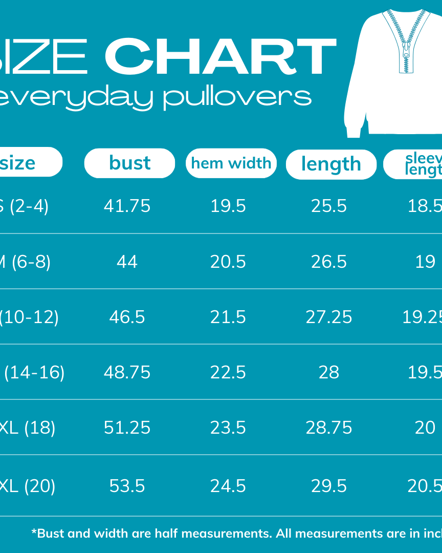 2025 size chart for EVERYDAY PULLOERS