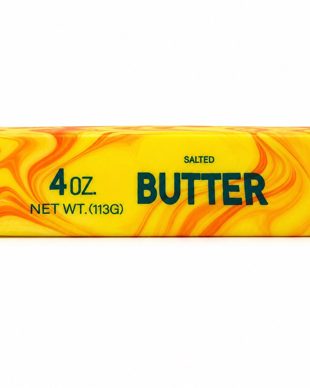 a 4oz butter-stick inspired squishy with a marbled design, salted butter label, soft squeezable texture, and clear individual packaging in citrus swirl (orange)