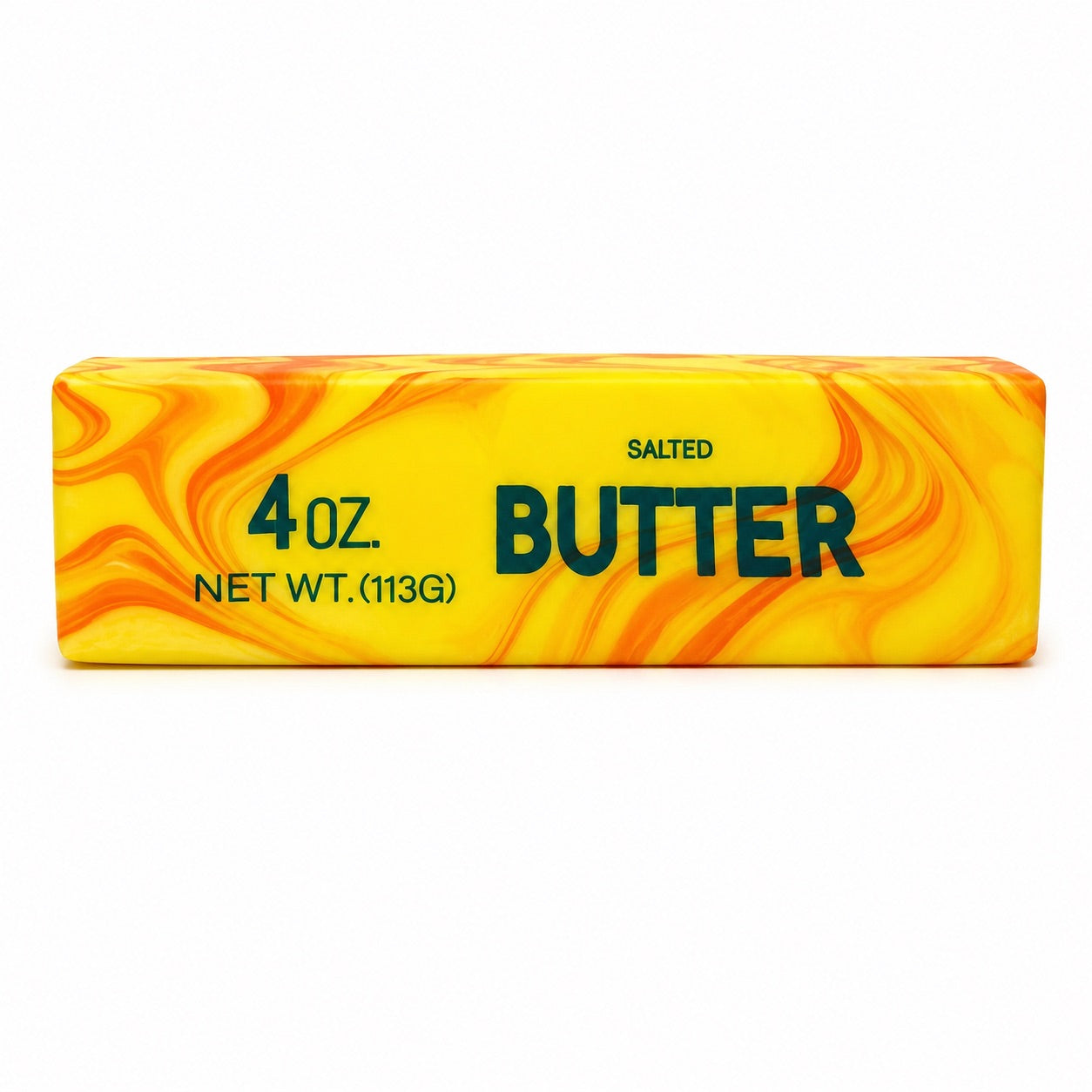 a 4oz butter-stick inspired squishy with a marbled design, salted butter label, soft squeezable texture, and clear individual packaging in citrus swirl (orange)