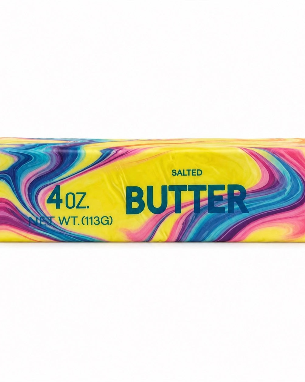 a 4oz butter-stick inspired squishy with a marbled design, salted butter label, soft squeezable texture, and clear individual packaging in cotton candy swirl (pink)