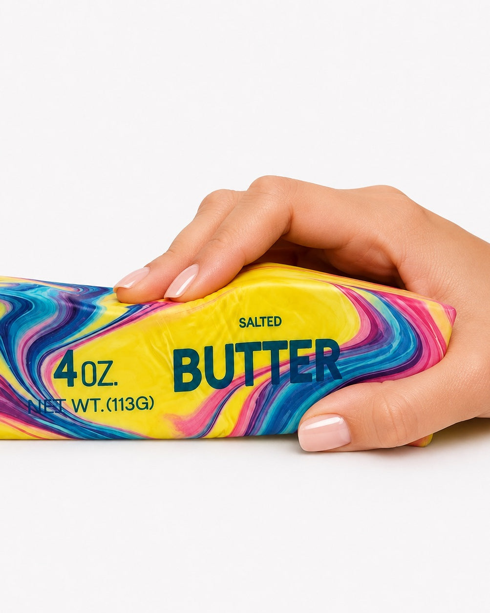 a 4oz butter-stick inspired squishy with a marbled design, salted butter label, soft squeezable texture, and clear individual packaging in cotton candy swirl (pink)