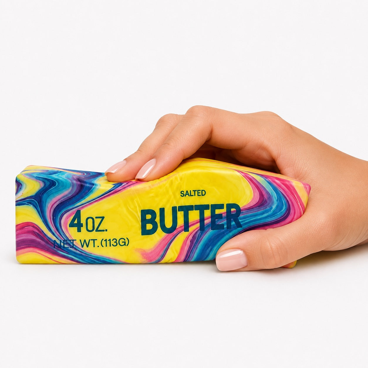 a 4oz butter-stick inspired squishy with a marbled design, salted butter label, soft squeezable texture, and clear individual packaging in cotton candy swirl (pink)