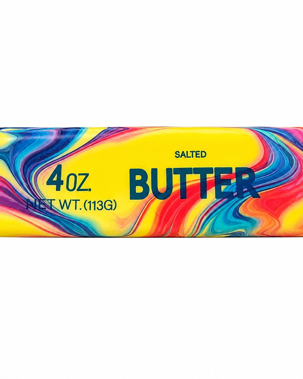 a 4oz butter-stick inspired squishy with a marbled design, salted butter label, soft squeezable texture, and clear individual packaging in rainbow swirl (red)