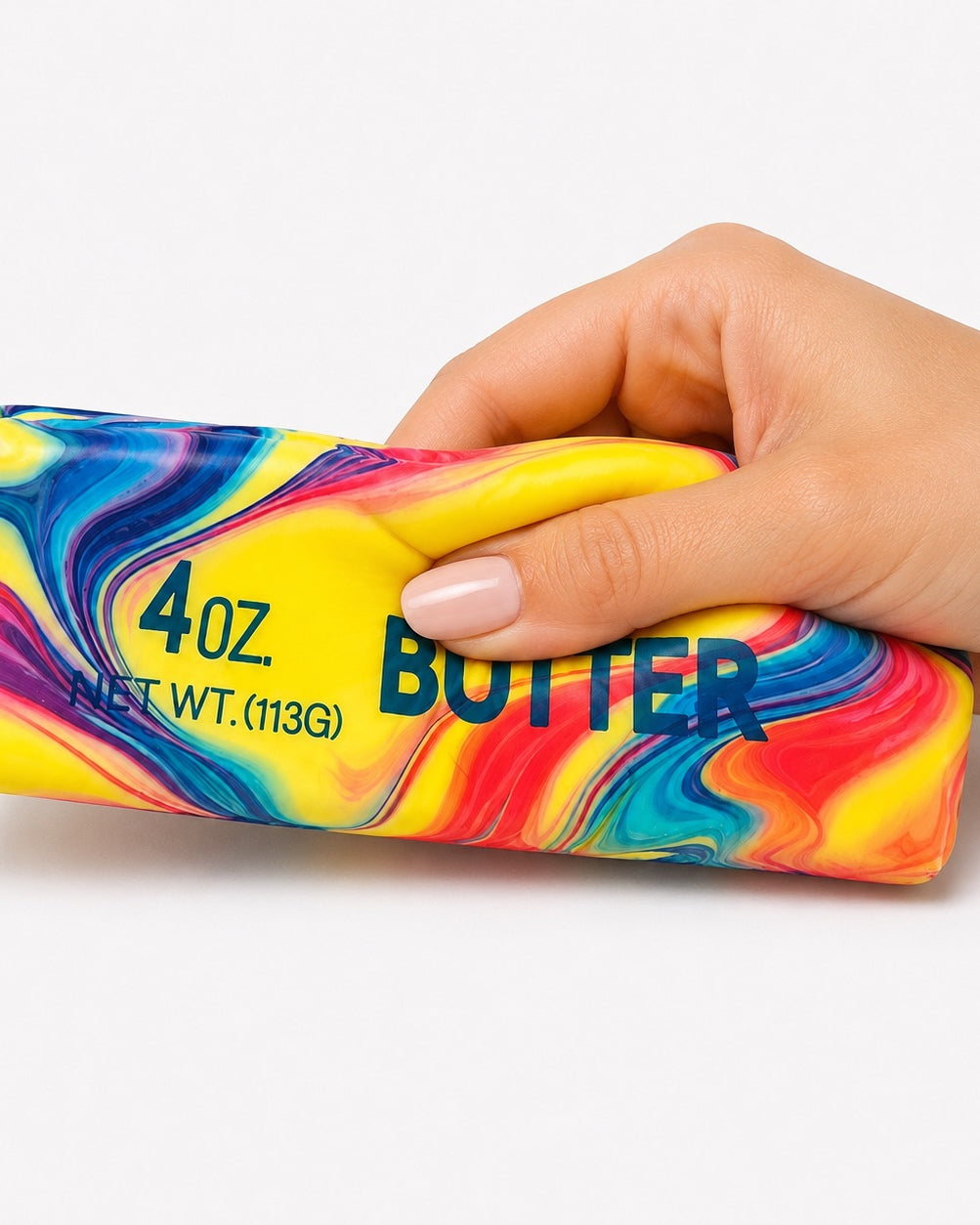 a 4oz butter-stick inspired squishy with a marbled design, salted butter label, soft squeezable texture, and clear individual packaging in rainbow swirl (red)