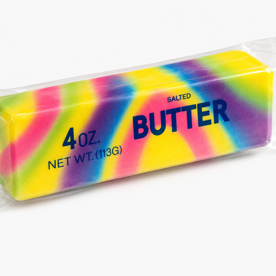 Colorful block of salted butter in a clear package on a white background