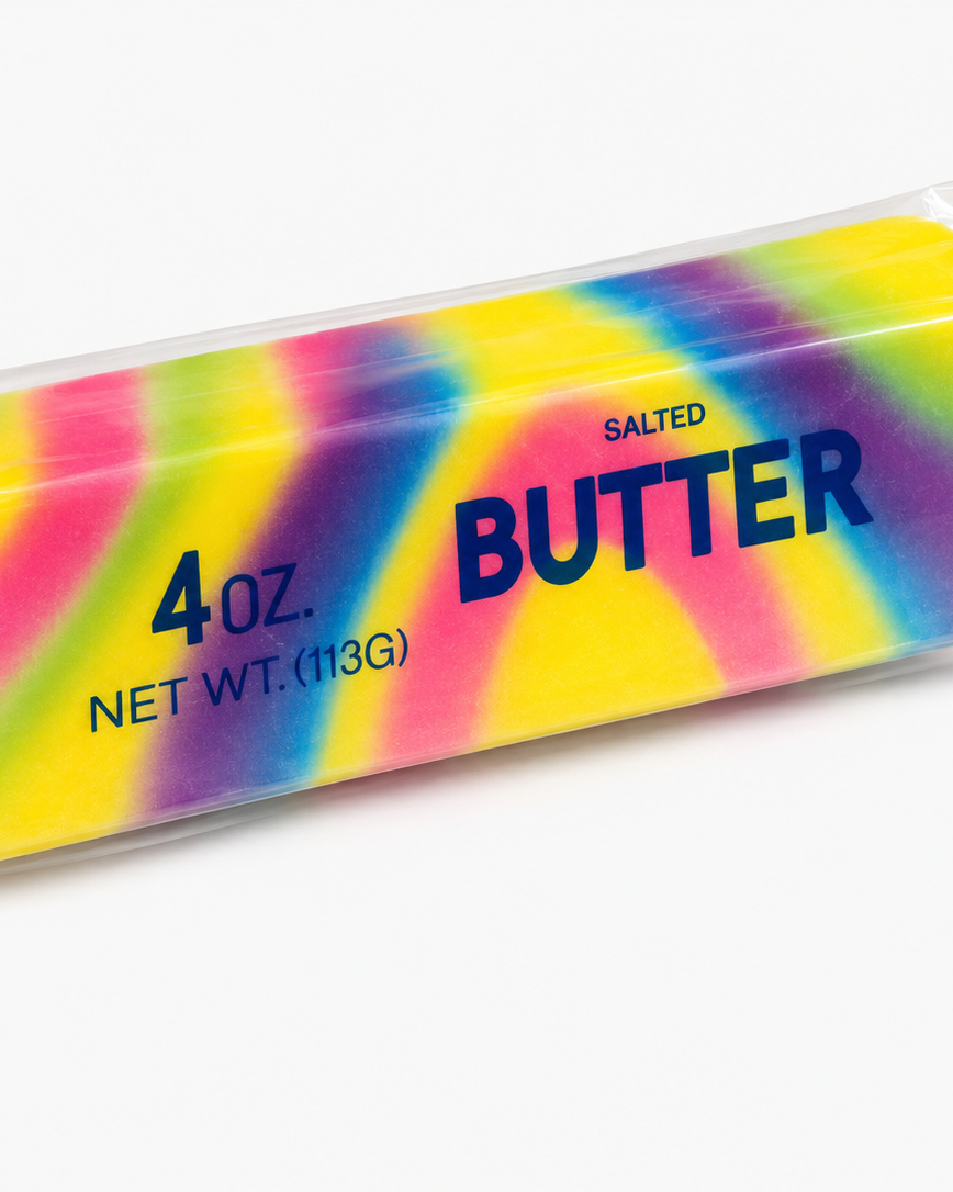 Colorful block of salted butter in a clear package on a white background