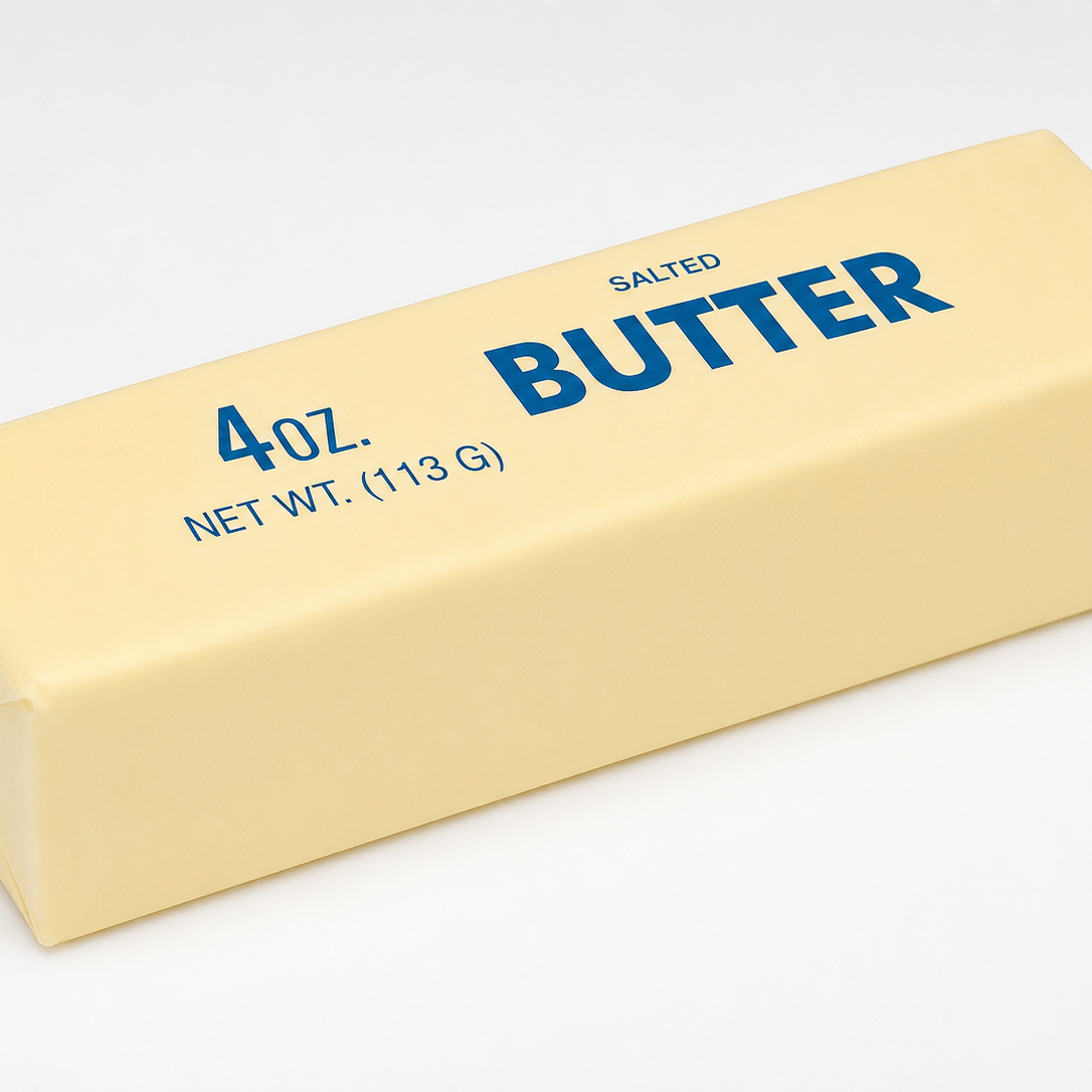 Block of butter with 'Salted Butter' text on a white background