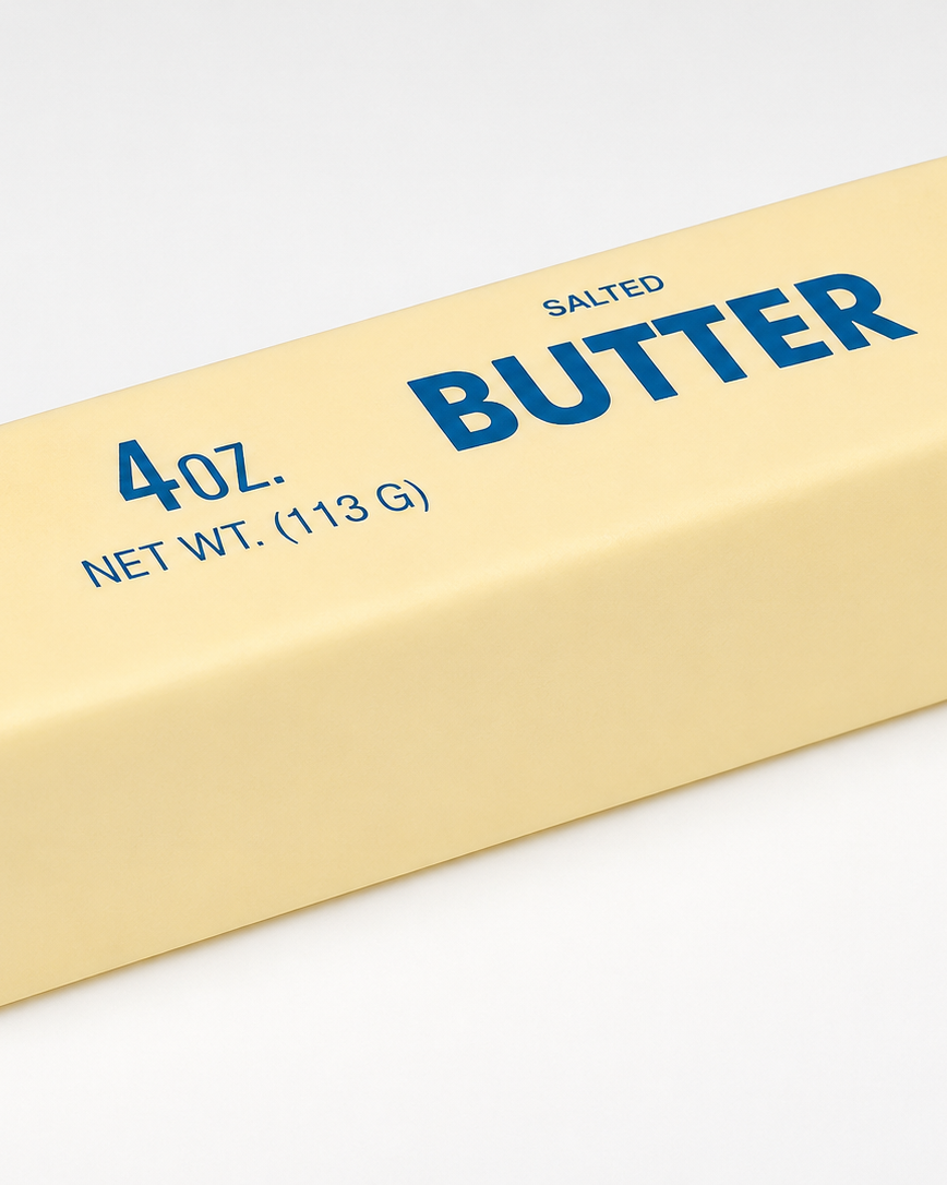 Block of butter with 'Salted Butter' text on a white background
