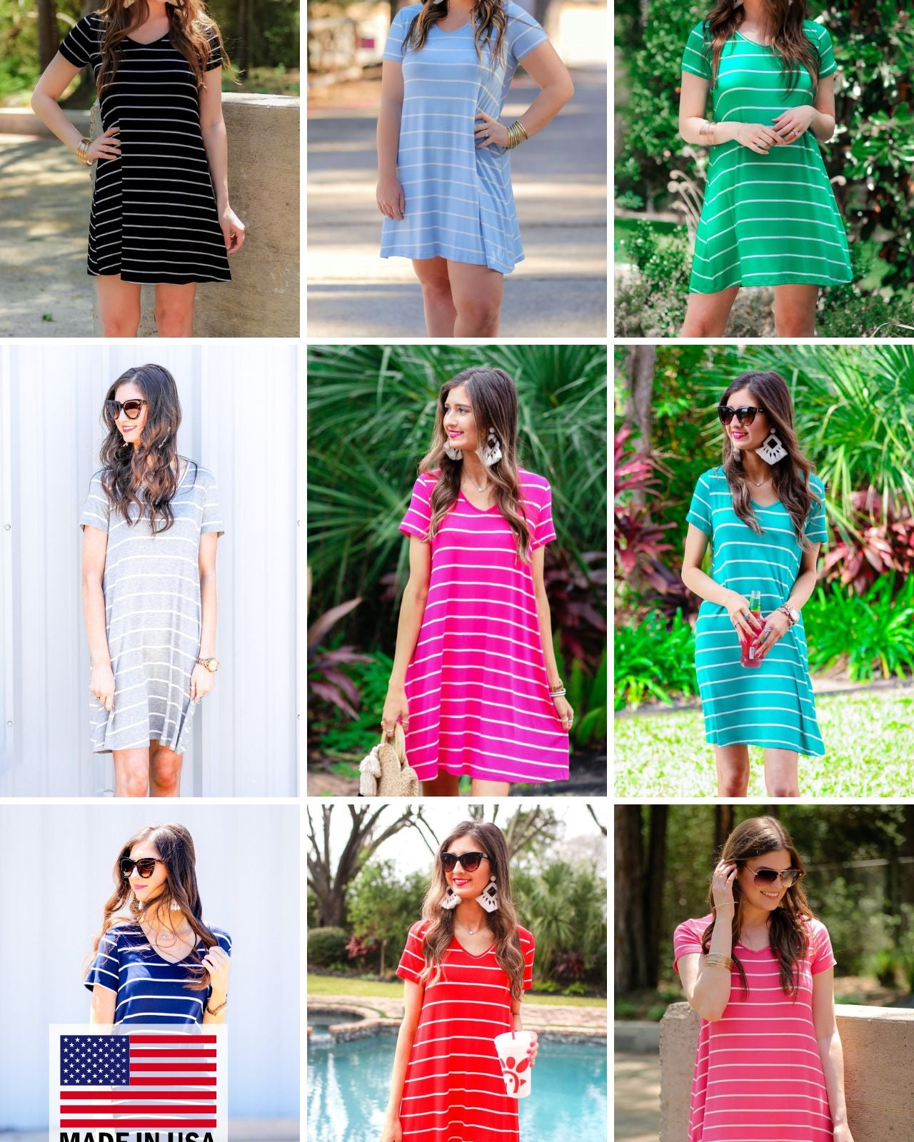MADE IN USA short-sleeve A-line dress with a V-neckline, crafted from ultra-soft fabric in a solid color with horizontal white stripes and a straight hemline in black, chambray, green, heathered grey, hot pink, mint, navy, red, and salmon