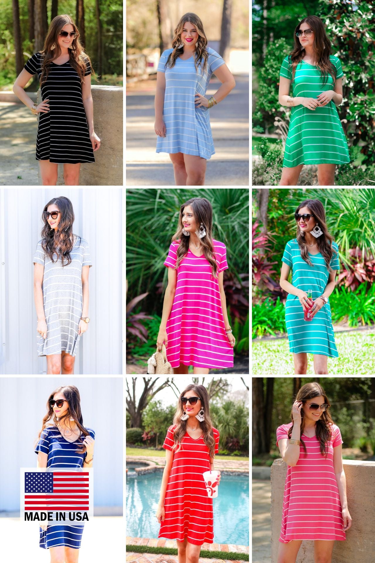 MADE IN USA short-sleeve A-line dress with a V-neckline, crafted from ultra-soft fabric in a solid color with horizontal white stripes and a straight hemline in black, chambray, green, heathered grey, hot pink, mint, navy, red, and salmon