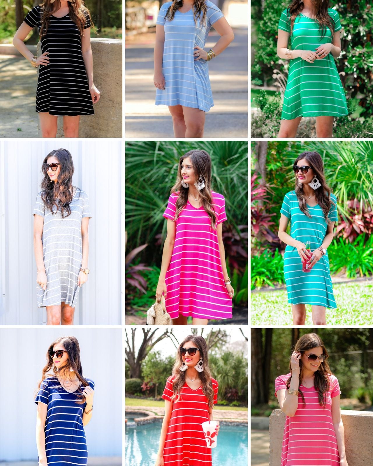 MADE IN USA short-sleeve A-line dress with a V-neckline, crafted from ultra-soft fabric in a solid color with horizontal white stripes and a straight hemline in black, chambray, green, heathered grey, hot pink, mint, navy, red, and salmon