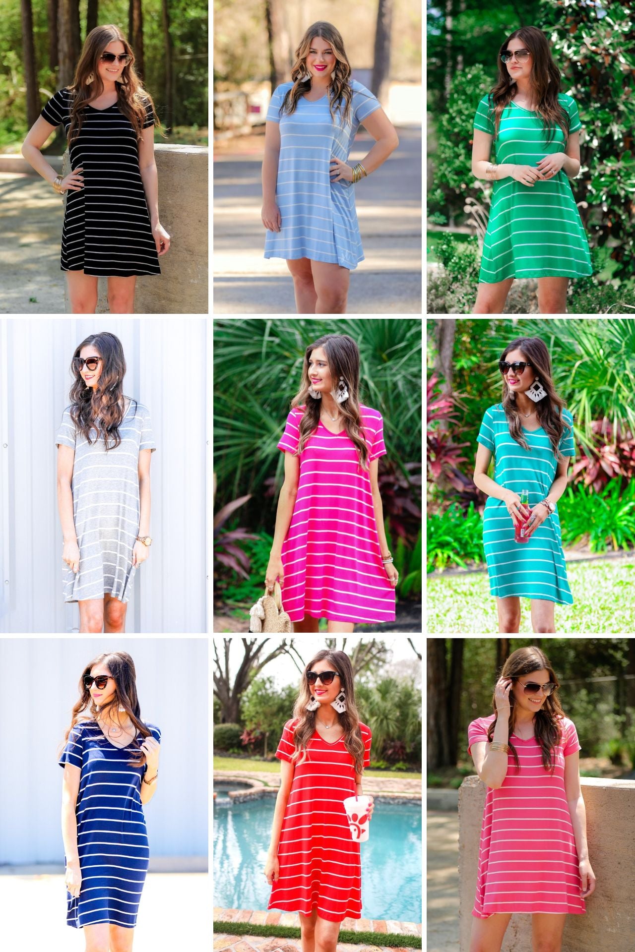 MADE IN USA short-sleeve A-line dress with a V-neckline, crafted from ultra-soft fabric in a solid color with horizontal white stripes and a straight hemline in black, chambray, green, heathered grey, hot pink, mint, navy, red, and salmon
