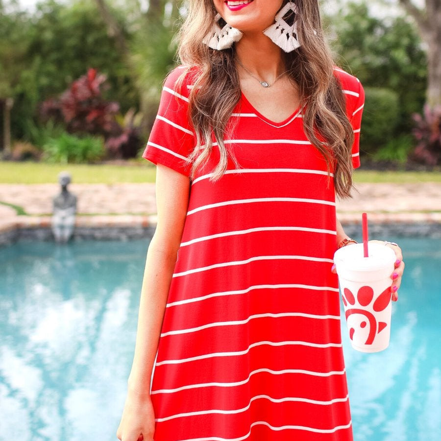 short-sleeve A-line dress with a V-neckline, crafted from ultra-soft fabric in a solid color with horizontal white stripes and a straight hemline in red