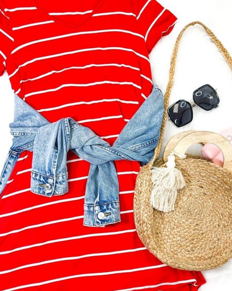 short-sleeve A-line dress with a V-neckline, crafted from ultra-soft fabric in a solid color with horizontal white stripes and a straight hemline in red