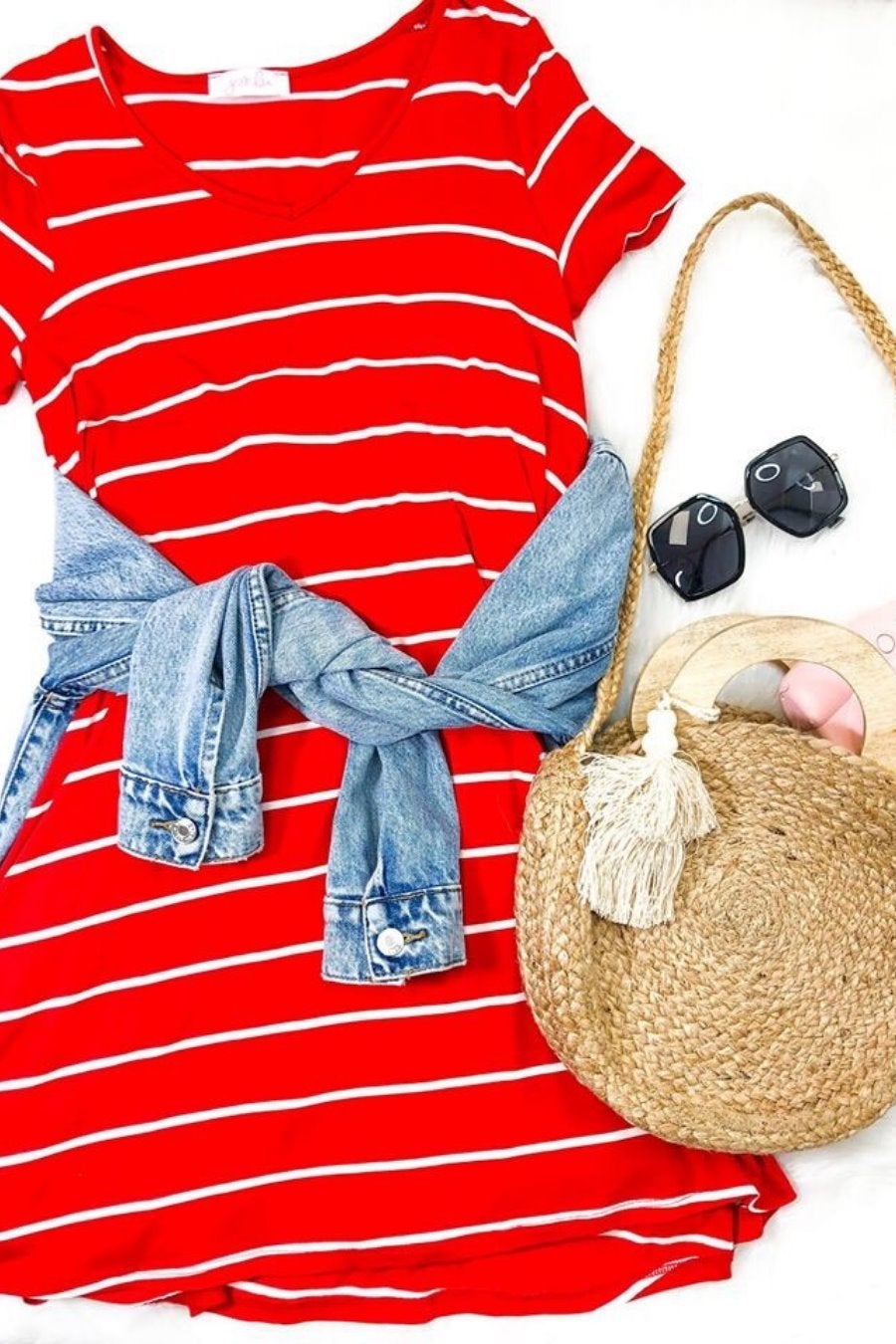 short-sleeve A-line dress with a V-neckline, crafted from ultra-soft fabric in a solid color with horizontal white stripes and a straight hemline in red