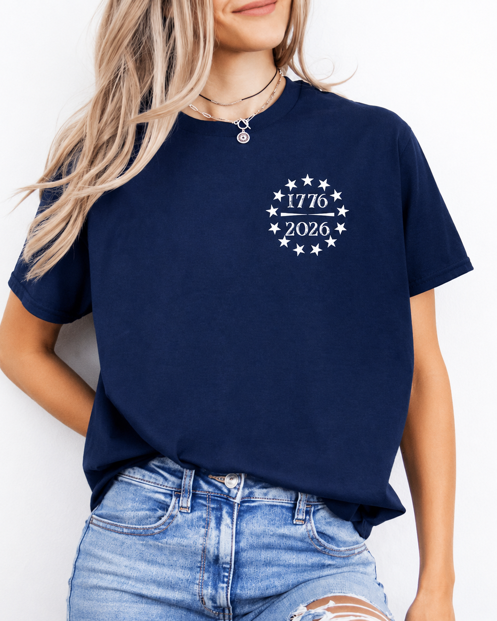 a soft navy unisex Gildan t-shirt with a crew neckline, short sleeves, a front 1776 / 2026 star circle graphic, a bold American flag and 250 YEARS Quarter-Millenial back design, and an easy year-round fit