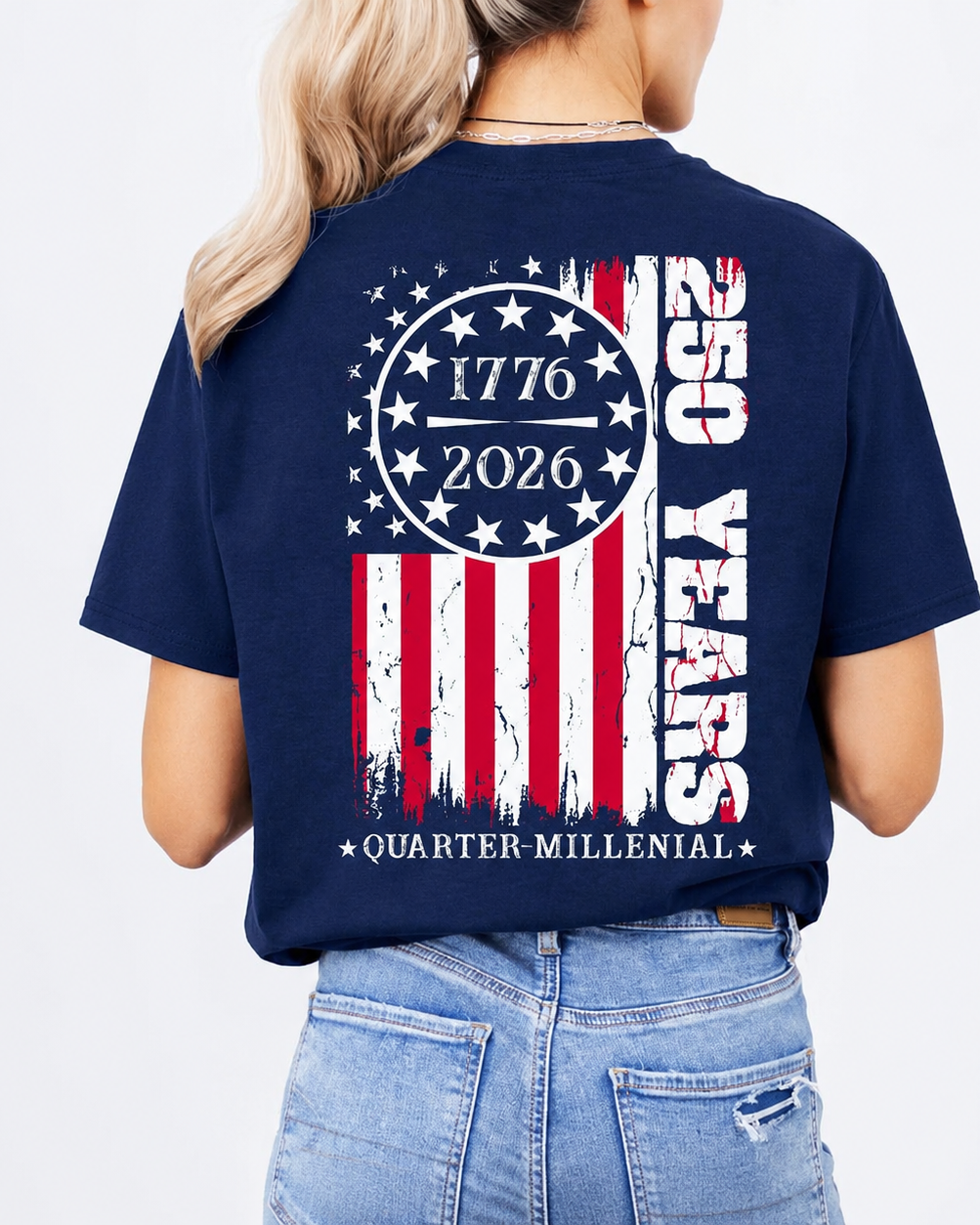 a soft navy unisex Gildan t-shirt with a crew neckline, short sleeves, a front 1776 / 2026 star circle graphic, a bold American flag and 250 YEARS Quarter-Millenial back design, and an easy year-round fit