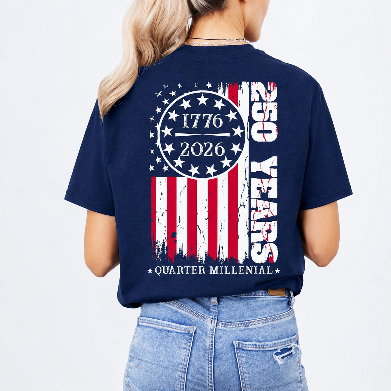 a soft navy unisex Gildan t-shirt with a crew neckline, short sleeves, a front 1776 / 2026 star circle graphic, a bold American flag and 250 YEARS Quarter-Millenial back design, and an easy year-round fit