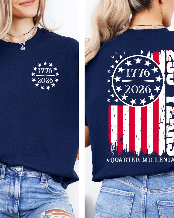 a soft navy unisex Gildan t-shirt with a crew neckline, short sleeves, a front 1776 / 2026 star circle graphic, a bold American flag and 250 YEARS Quarter-Millenial back design, and an easy year-round fit