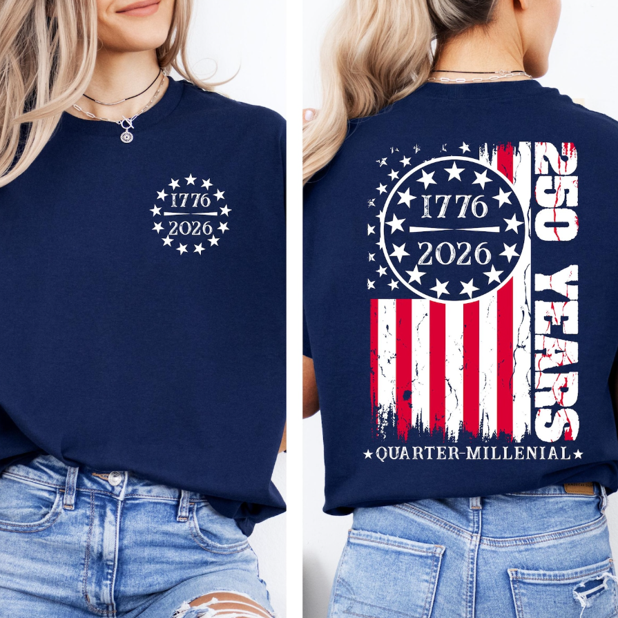 a soft navy unisex Gildan t-shirt with a crew neckline, short sleeves, a front 1776 / 2026 star circle graphic, a bold American flag and 250 YEARS Quarter-Millenial back design, and an easy year-round fit
