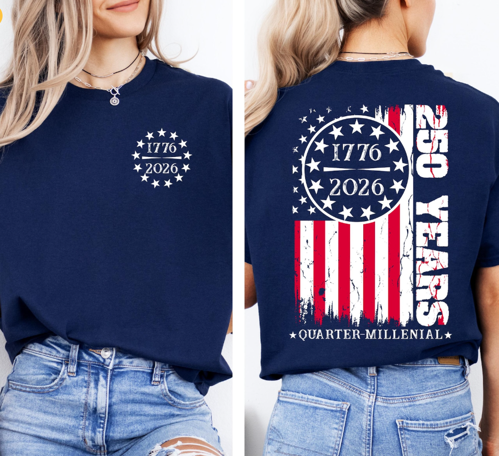 a soft navy unisex Gildan t-shirt with a crew neckline, short sleeves, a front 1776 / 2026 star circle graphic, a bold American flag and 250 YEARS Quarter-Millenial back design, and an easy year-round fit