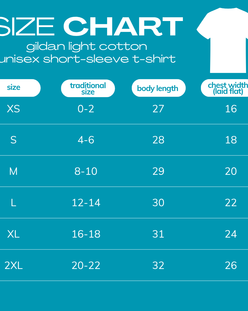 size chart for gildan light cotton unisex short-sleeve t-shirt