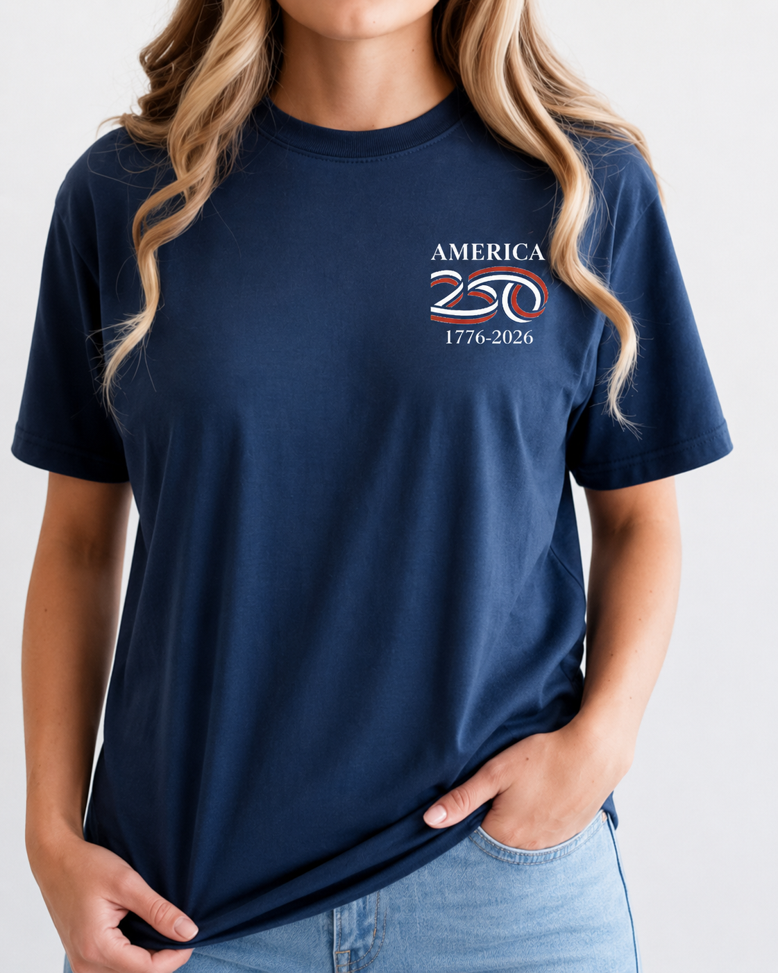 a soft navy unisex Gildan t-shirt with a crew neckline, short sleeves, a front America 250 chest graphic, a bold 1776 America back design, a 250 Years of Freedom detail, and an easy year-round fit