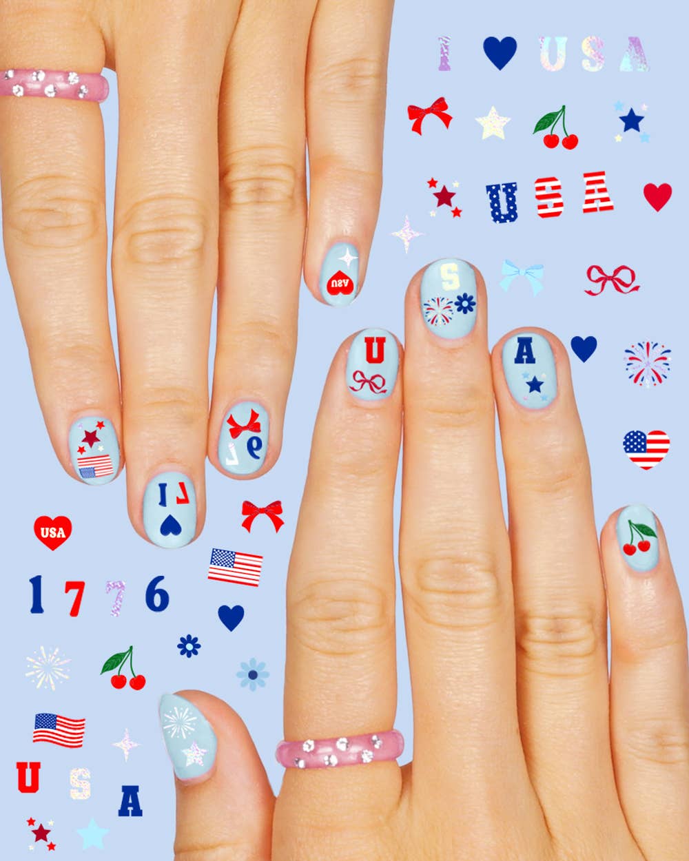 four complete sheets of peel-and-stick nail art with premium CMYK color, iridescent foil, and patriotic icons (bows, cherries, fireworks, flags, hearts, stars, and USA accents)