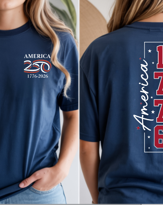 a soft navy unisex Gildan t-shirt with a crew neckline, short sleeves, a front America 250 chest graphic, a bold 1776 America back design, a 250 Years of Freedom detail, and an easy year-round fit