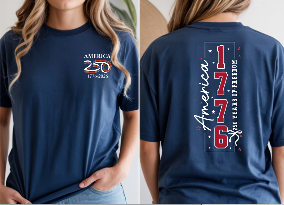 a soft navy unisex Gildan t-shirt with a crew neckline, short sleeves, a front America 250 chest graphic, a bold 1776 America back design, a 250 Years of Freedom detail, and an easy year-round fit