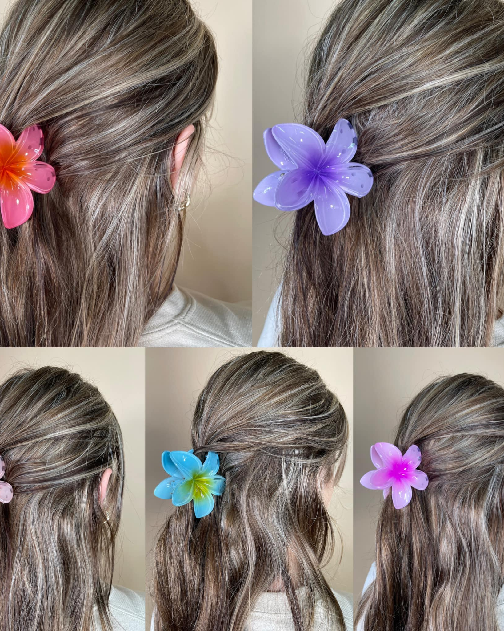 Collage of hair styled with colorful flower hair clips on a neutral background