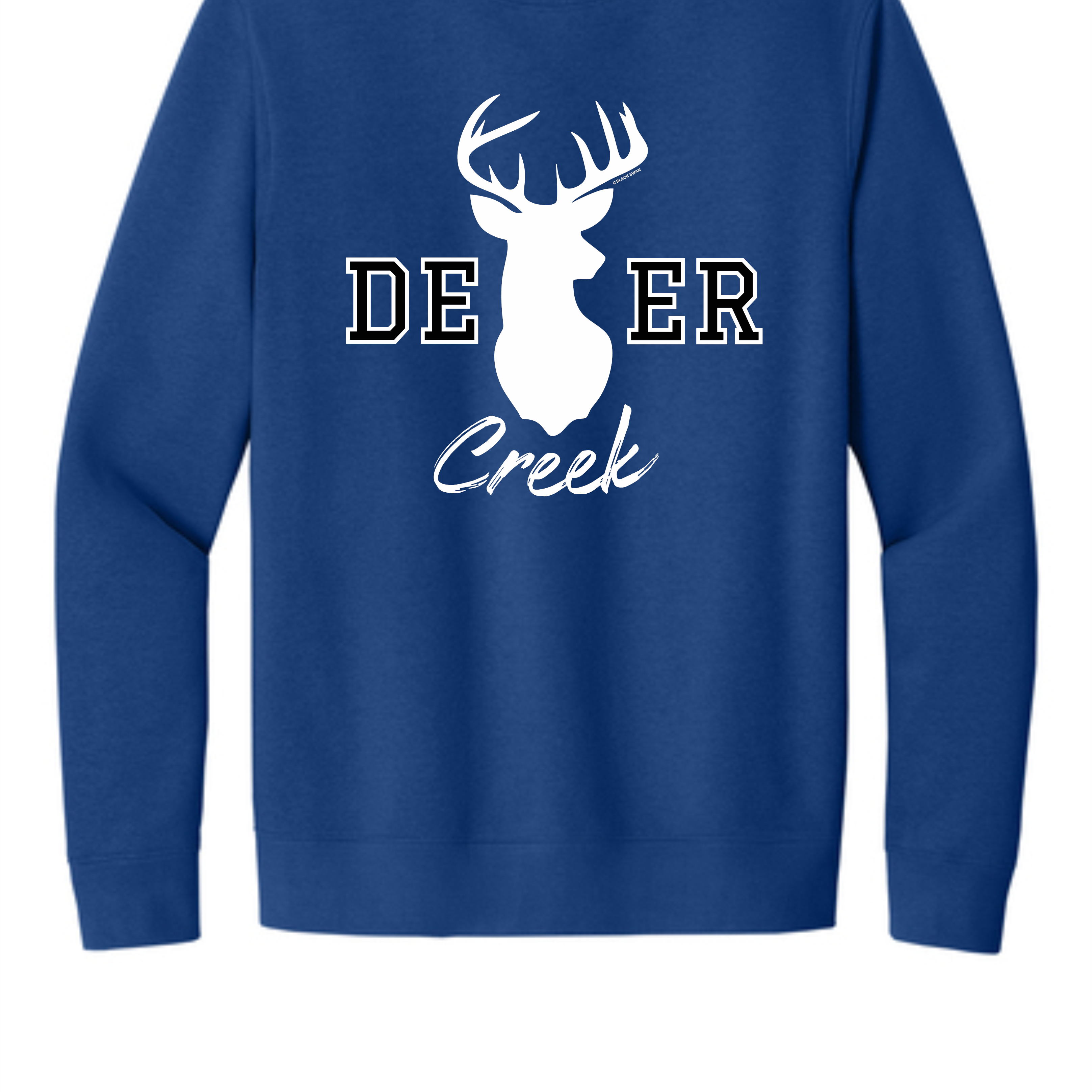 District V.I.T. fleece crew pullover with bold white antler silhouette framed by 'DE' and 'ER' in black outlined in white lettering with 'Creek' script in white underneath and discreetly tagged 'BLACK SWAN' for a signature look