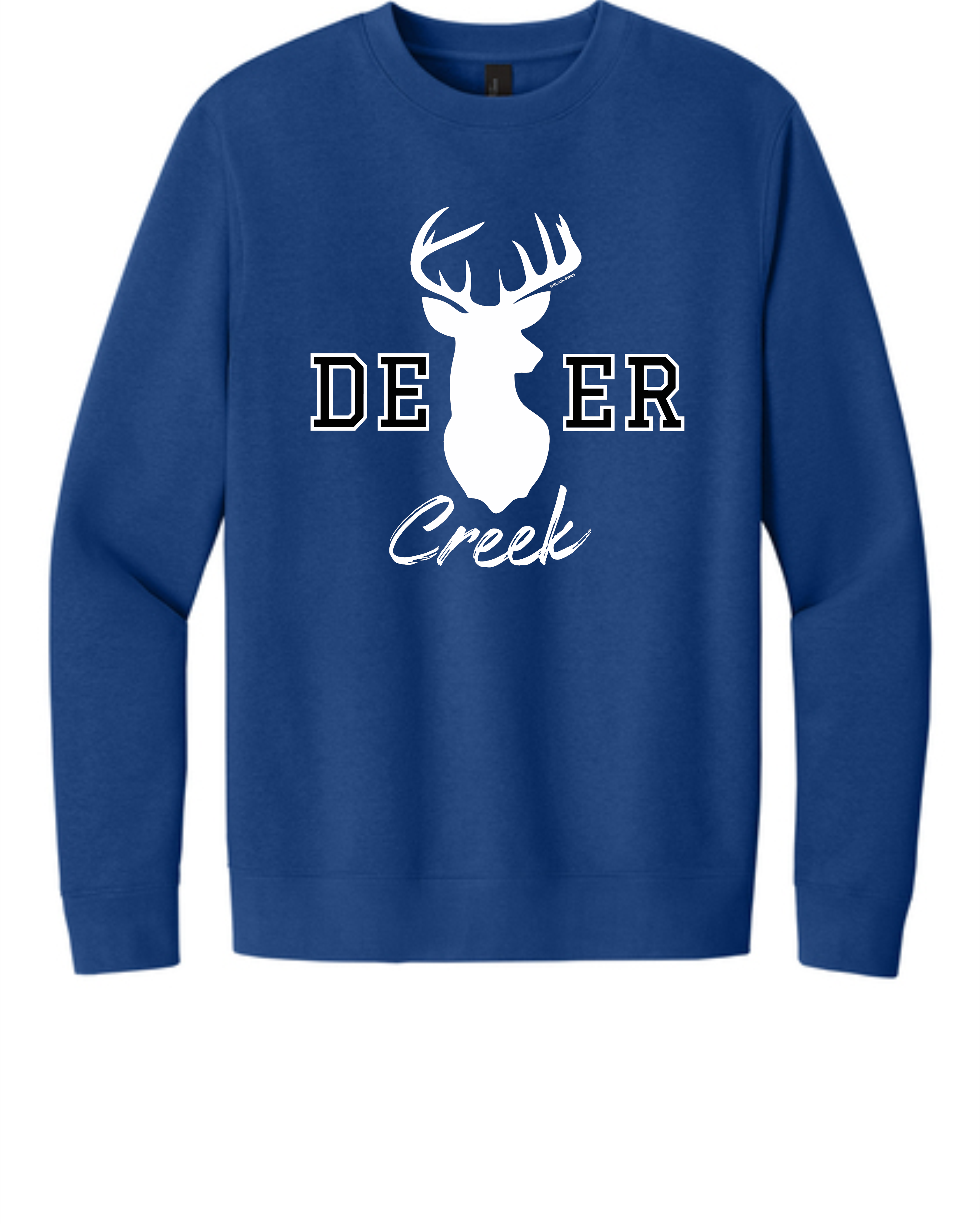 District V.I.T. fleece crew pullover with bold white antler silhouette framed by 'DE' and 'ER' in black outlined in white lettering with 'Creek' script in white underneath and discreetly tagged 'BLACK SWAN' for a signature look